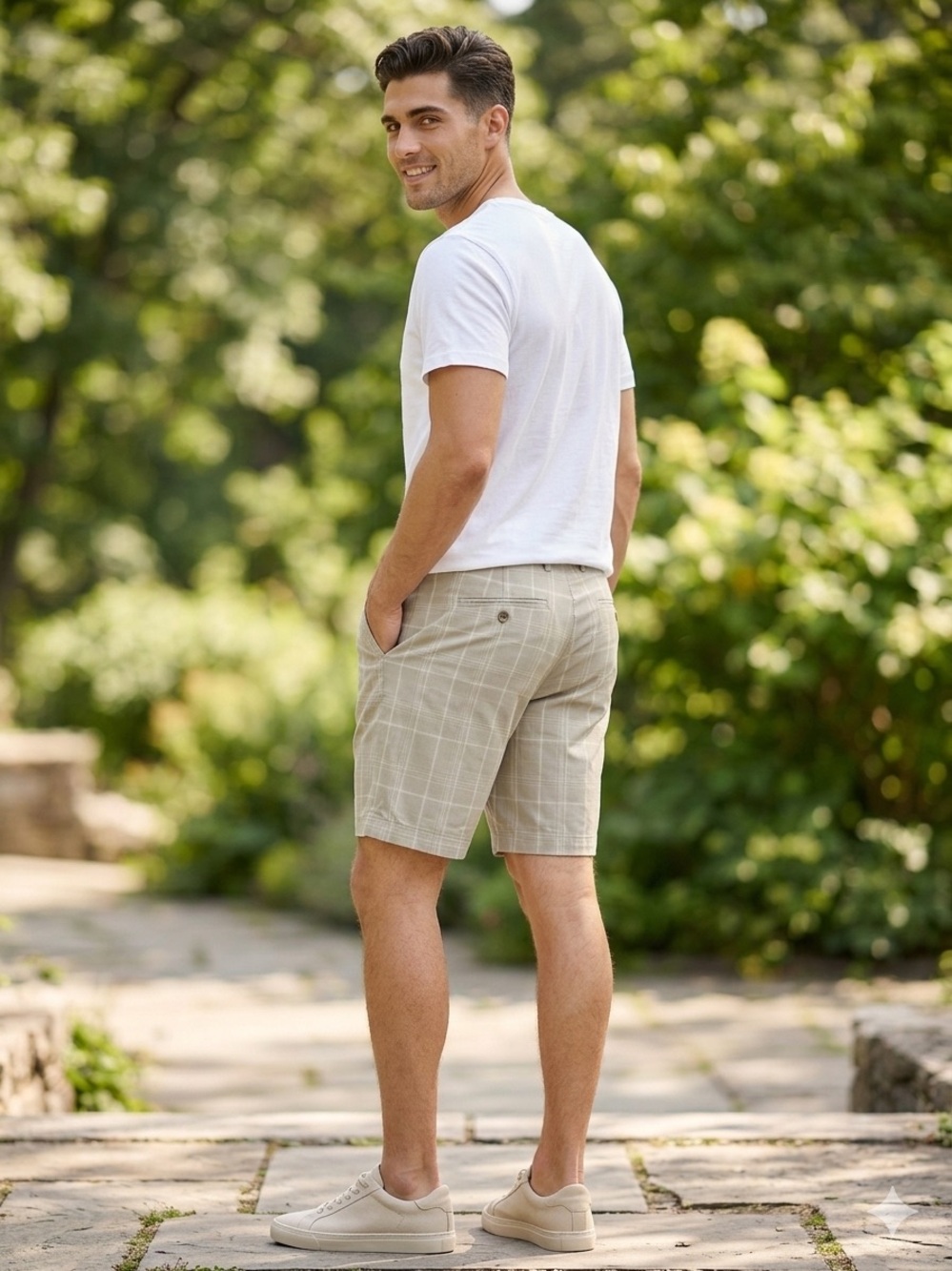 Haggar Men's Light Khaki Plaid Flat-Front Shorts Bermuda golf shorts A0204